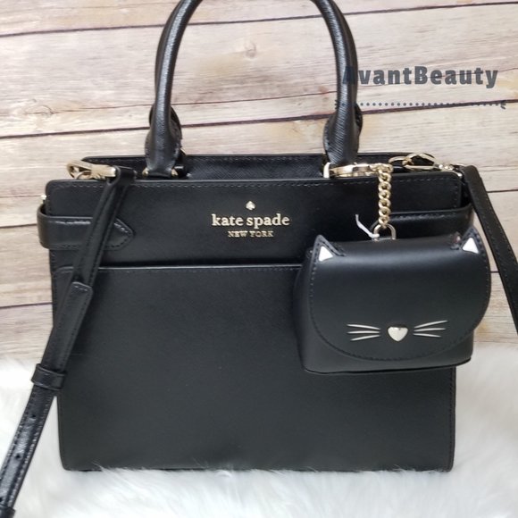 Kate Spade New York Staci Medium Satchel Black Crossbody With Cat Meow Key Fob - Picture 10 of 15